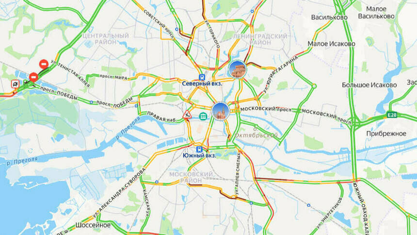 Ситуация — 8 баллов: карта пробок в Калининграде на утро понедельника - Новости Калининграда | Скриншот сервиса «Яндекс. Карты»