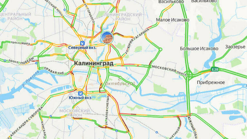 Ситуация — 7 баллов: карта пробок в Калининграде на утро вторника - Новости Калининграда | Скриншот сервиса «Яндекс. Карты»