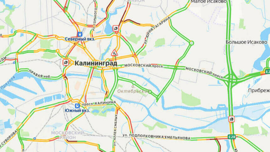 3 ДТП: карта пробок в Калининграде на утро среды - Новости Калининграда | Скриншот сервиса «Яндекс. Карты»