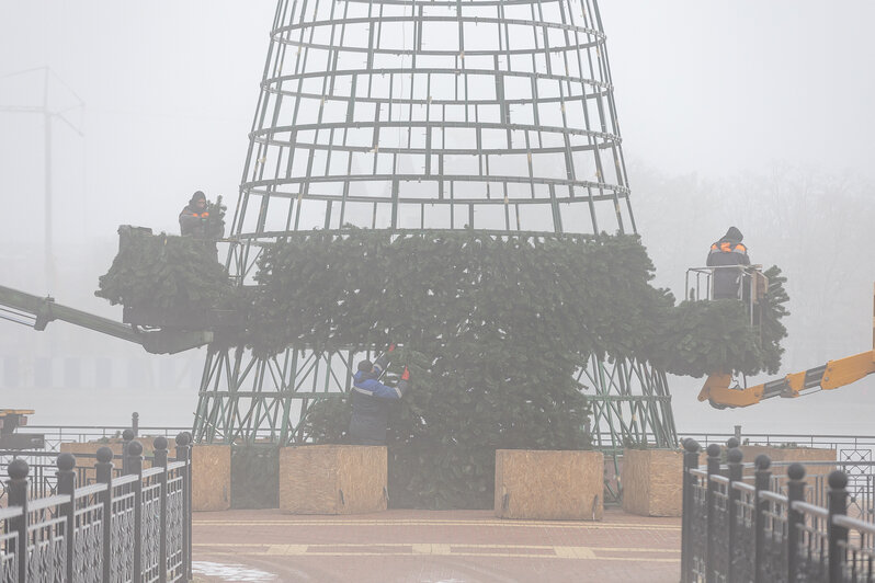 Свет сквозь пелену: в затянутом туманом Калининграде начали устанавливать первую новогоднюю ёлку (фоторепортаж) - Новости Калининграда | Фото: Александр Подгорчук / «Клопс»