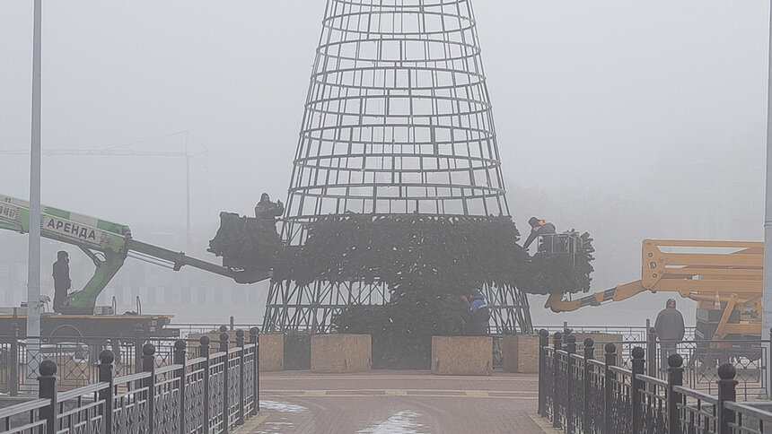 Свет сквозь пелену: в затянутом туманом Калининграде начали устанавливать первую новогоднюю ёлку (фоторепортаж) - Новости Калининграда | Фото: Александр Подгорчук / «Клопс»