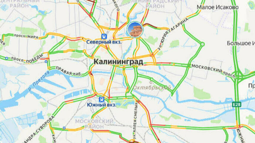 В центре проехать непросто: карта пробок в Калининграде на утро пятницы - Новости Калининграда | Скриншот сервиса «Яндекс. Карты»
