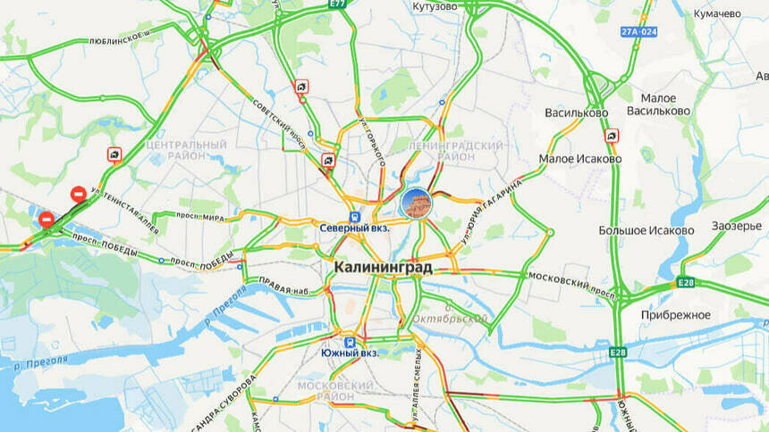 4 ДТП: карта пробок в Калининграде на утро понедельника - Новости Калининграда | Скриншот сервиса «Яндекс. Карты»