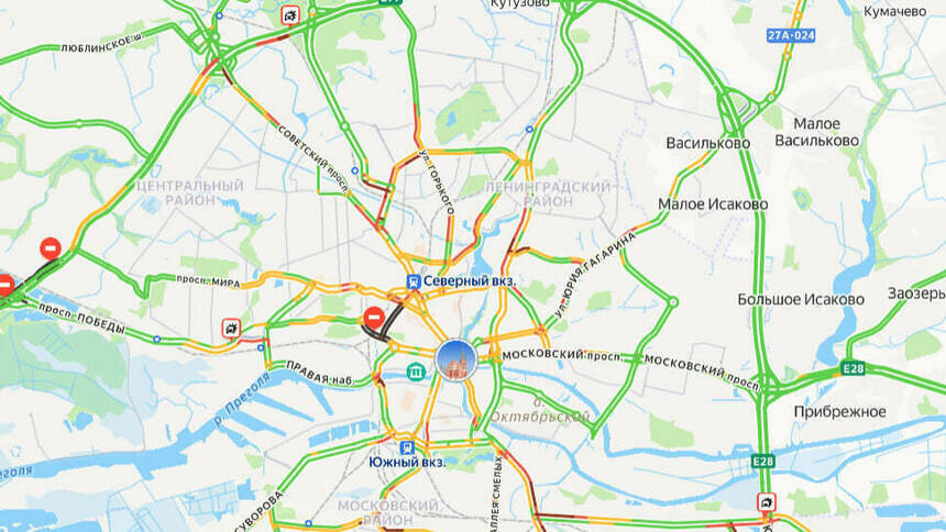 Ситуация — 7 баллов: карта пробок в Калининграде на утро вторника - Новости Калининграда | Скриншот сервиса «Яндекс. Карты»