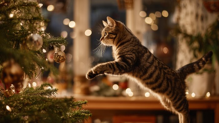 Кошки воспринимают ёлку как большую игрушку и объект для лазанья. | Иллюстрация: Ксения Александрова / Midjourney