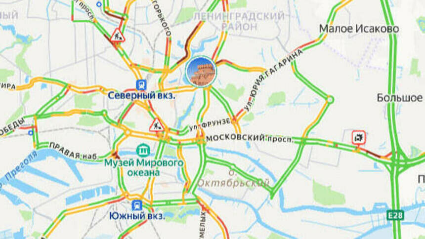 Ситуация — 7 баллов: карта пробок в Калининграде на утро среды - Новости Калининграда | Скриншот сервиса «Яндекс. Карты»