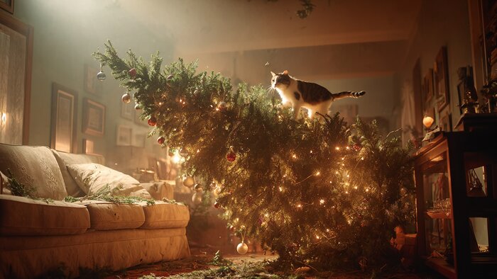  70% кошек неравнодушны к новогодним ёлкам | Иллюстрация: Ксения Александрова / Midjourney
