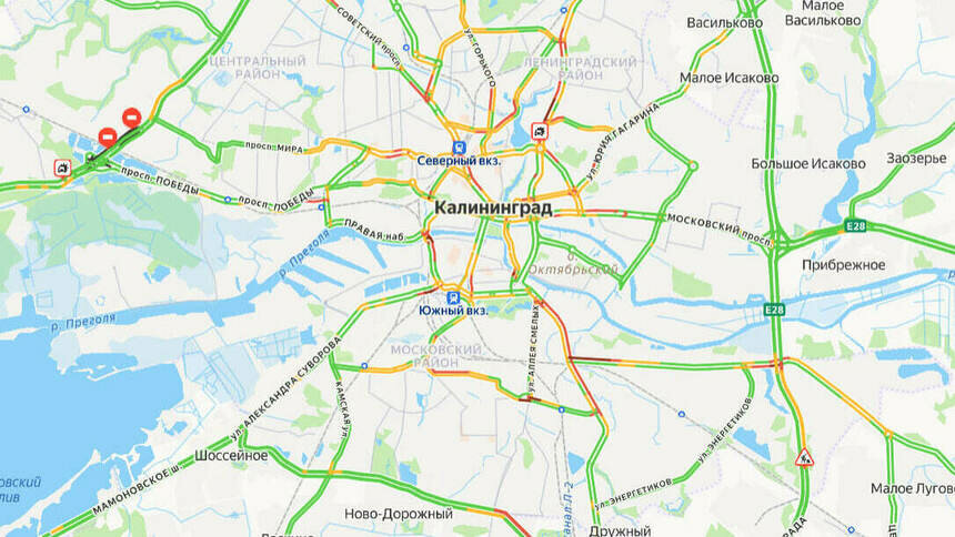 Две аварии: карта пробок в Калининграде на утро пятницы  - Новости Калининграда | Скриншот сервиса «Яндекс. Карты»