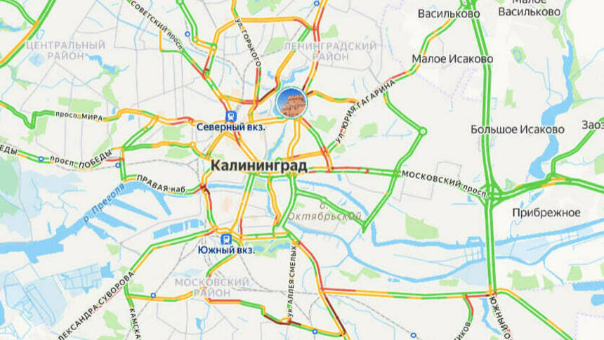 В центре проехать сложно: карта пробок в Калининграде на утро среды - Новости Калининграда | Скриншот сервиса «Яндекс. Карты»