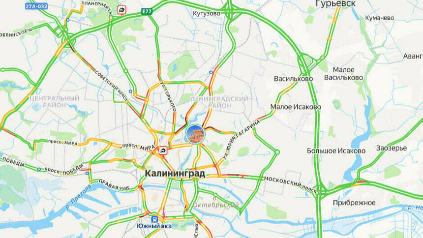 Две аварии: карта пробок в Калининграде на утро понедельника - Новости Калининграда | Скриншот сервиса «Яндекс. Карты»