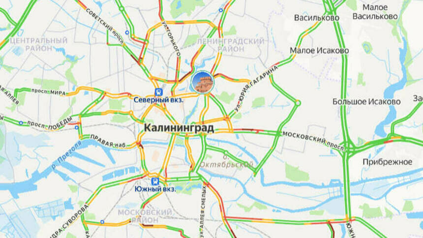 Ситуация — 7 баллов: карта пробок в Калининграде на утро вторника - Новости Калининграда | Скриншот сервиса «Яндекс. Карты»