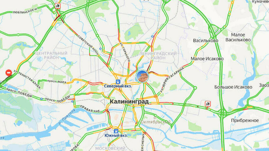 Две аварии: карта пробок в Калининграде на утро пятницы - Новости Калининграда | Скриншот сервиса «Яндекс. Карты»