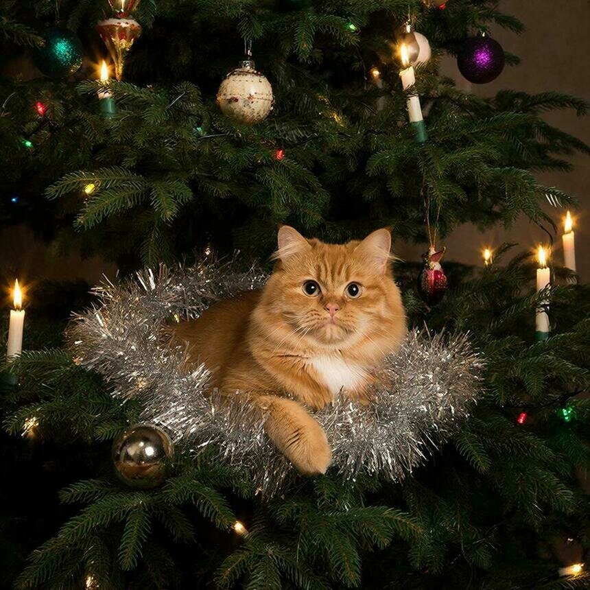 Эксперты советуют избегать мишуры, «дождика», стеклянных игрушек и декора с мелкими деталями. | Сгенерировано ИИ