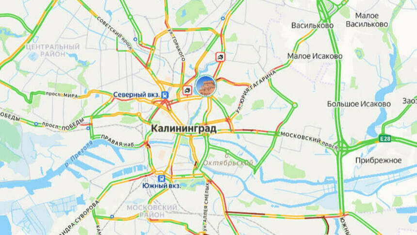 Две аварии: карта пробок в Калининграде на утро понедельника - Новости Калининграда | Скриншот сервиса «Яндекс. Карты»