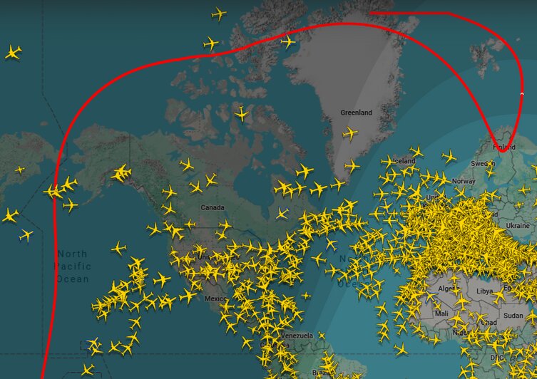 Сервис по отслеживанию самолётов Flightradar показал маршрут саней Санта-Клауса (карта)  - Новости Калининграда | Иллюстрация: скриншот сервиса Flightradar24 