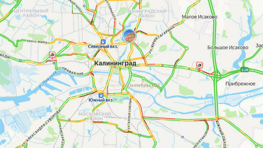 Ситуация — 7 баллов: карта пробок в Калининграде на утро среды - Новости Калининграда | Скриншот сервиса «Яндекс. Карты»