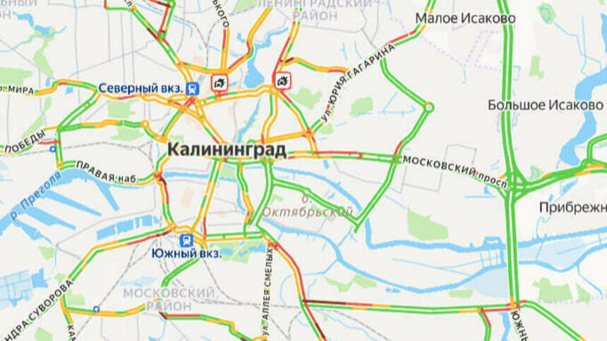 2 ДТП: карта пробок в Калининграде на утро четверга - Новости Калининграда | Скриншот сервиса «Яндекс. Карты»