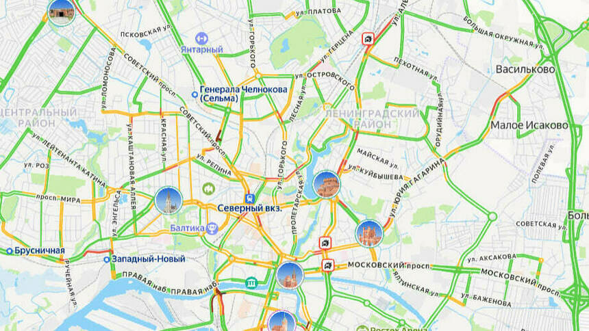 Три аварии: карта пробок в Калининграде на утро пятницы - Новости Калининграда | Скриншот сервиса «Яндекс. Карты»