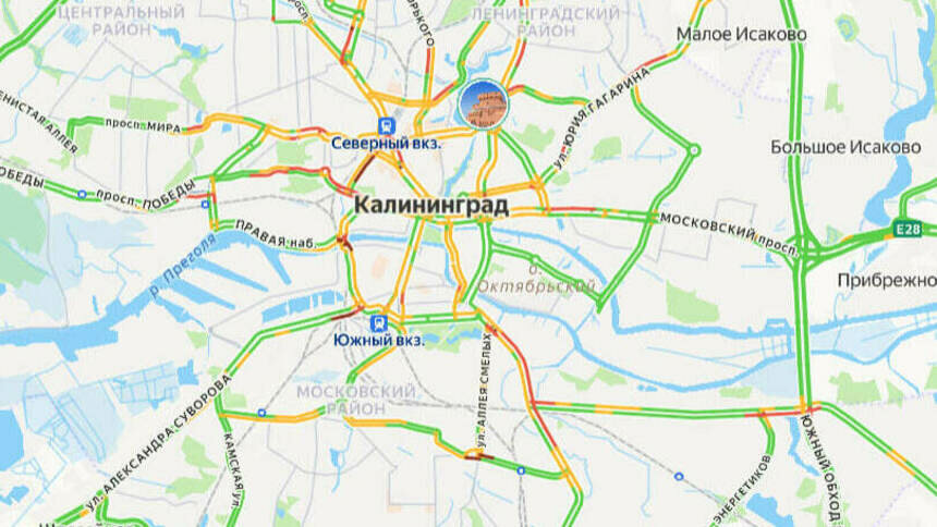 В центре небольшие заторы: карта пробок в Калининграде на утро понедельника - Новости Калининграда | Скриншот сервиса «Яндекс. Карты»