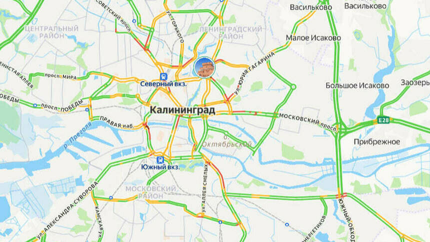 В центре небольшие заторы: карта пробок в Калининграде на утро вторника - Новости Калининграда | Скриншот сервиса «Яндекс. Карты»