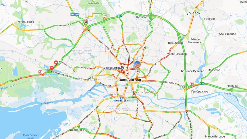 «Без мата не опишешь»: калининградцы встали в 10-балльных пробках из-за бушующей непогоды  - Новости Калининграда | Иллюстрация: скриншот сервиса «Яндекс.Карты» 