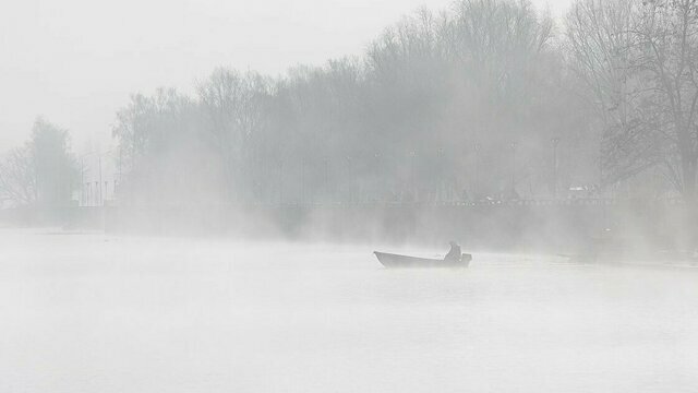 Фото дня: лодка пробирается сквозь густой туман на Преголе в Калининграде 