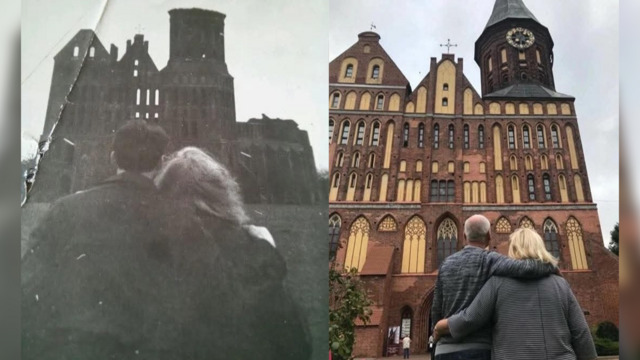 Полвека в обнимку: пара из Калининграда повторила фото у Кафедрального собора через 54 года  