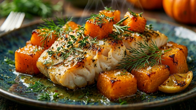 Неочевидное сочетание сладкого и солёного: как вкусно запечь рыбу с тыквой и пряными травами 