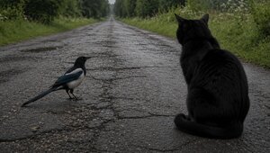 Под Калининградом весёлая сорока перешла дорогу чёрному коту, заставив его свернуть (видео)  