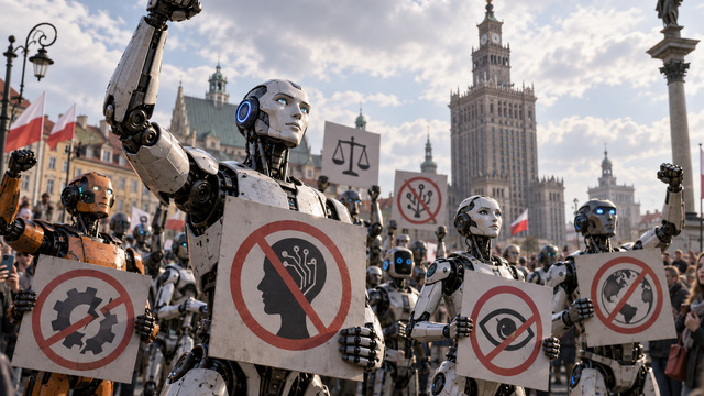 В Варшаве роботы вышли на митинг против бесконтрольного внедрения ИИ