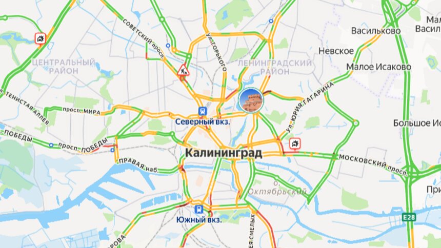 Две аварии: карта пробок в Калининграде на утро среды - Новости Калининграда | Скриншот сервиса «Яндекс. Карты»
