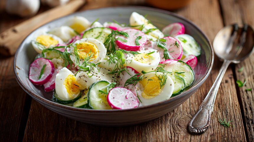 Хруст и свежесть в каждой ложке: кулинары поделились рецептом весеннего салата на каждый день  - Новости Калининграда | Иллюстрация: Алиса Игонина / «Клопс»