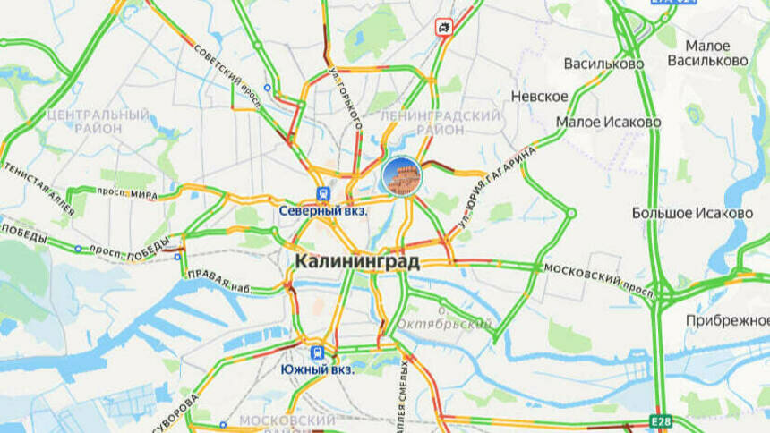 Ситуация на дорогах — 7 баллов: карта пробок в Калининграде на утро среды - Новости Калининграда | Скриншот сервиса «Яндекс. Карты»