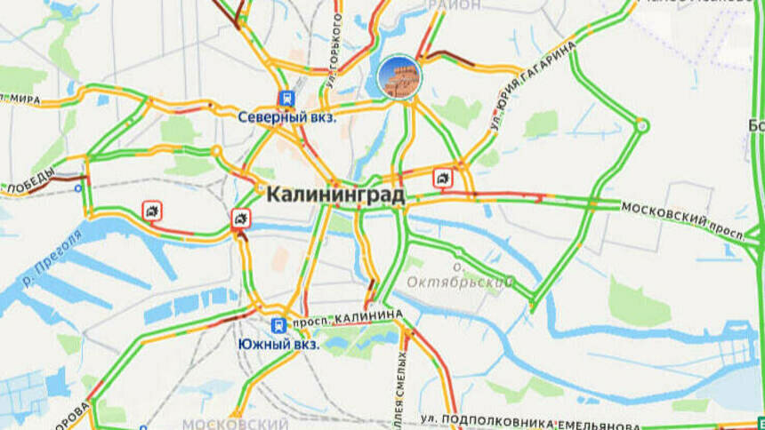 3 аварии: карта пробок в Калининграде на утро пятницы - Новости Калининграда | Скриншот сервиса «Яндекс. Карты»