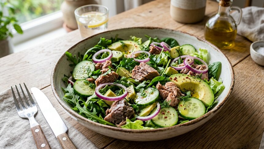 Полезный обед за 5 минут: рецепт сытного салата с тунцом и авокадо на скорую руку  - Новости Калининграда | Иллюстрация: Алиса Игонина / «Клопс»