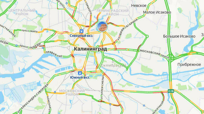 Ситуация на дорогах — 7 баллов: карта пробок в Калининграде на утро пятницы - Новости Калининграда | Скриншот сервиса «Яндекс. Карты»