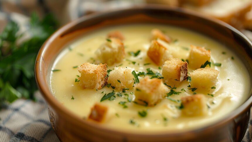 Баланс нежности и хруста: делимся секретным рецептом сырного супа-пюре с беконом и сухариками  - Новости Калининграда | Иллюстрация: Алиса Игонина / «Клопс»