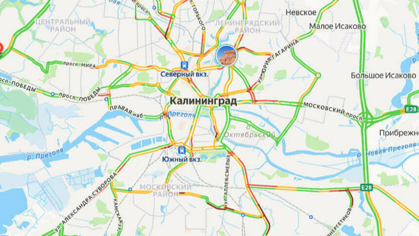 Ситуация — 8 баллов: карта пробок в Калининграде на утро среды - Новости Калининграда | Скриншот сервиса «Яндекс. Карты»