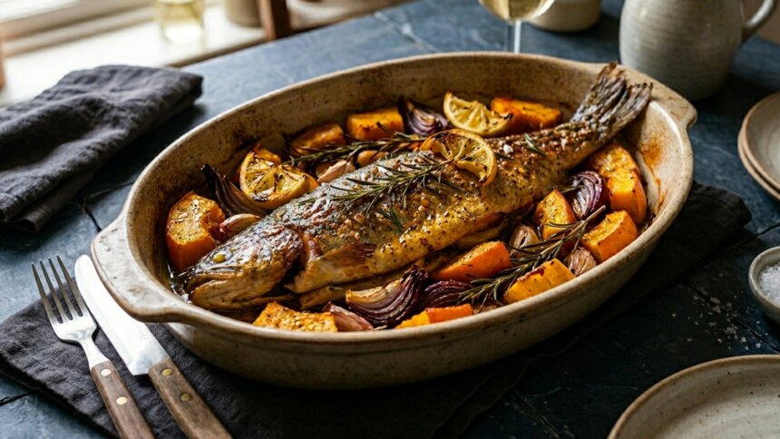 Обед, после которого он встал на колено и позвал меня замуж: как правильно запечь рыбу с тыквой и пряными травами  - Новости Калининграда | Иллюстрация: Дарья Мошникова / «Клопс»