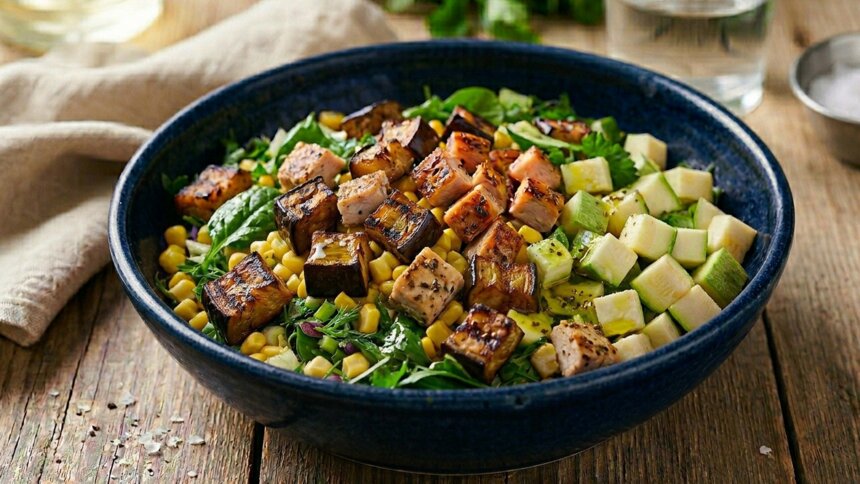 Открываем дачный сезон витаминной перезагрузкой: рецепт сочного салата с баклажанами и кукурузой - Новости Калининграда | Иллюстрация: Дарья Мошникова / «Клопс»