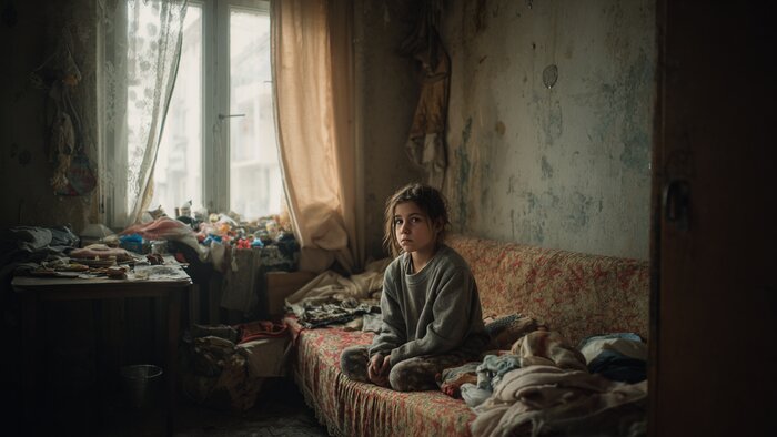 Спят на одном диване и не ходят в школу: шокирующие условия жизни шестерых детей в калининградской квартире   - Новости Калининграда | Иллюстрация: Алиса Игонина / Midjourney