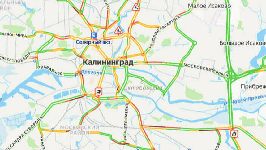 Две аварии: карта пробок в Калининграде на утро пятницы - Новости Калининграда | Скриншот сервиса «Яндекс. Карты»