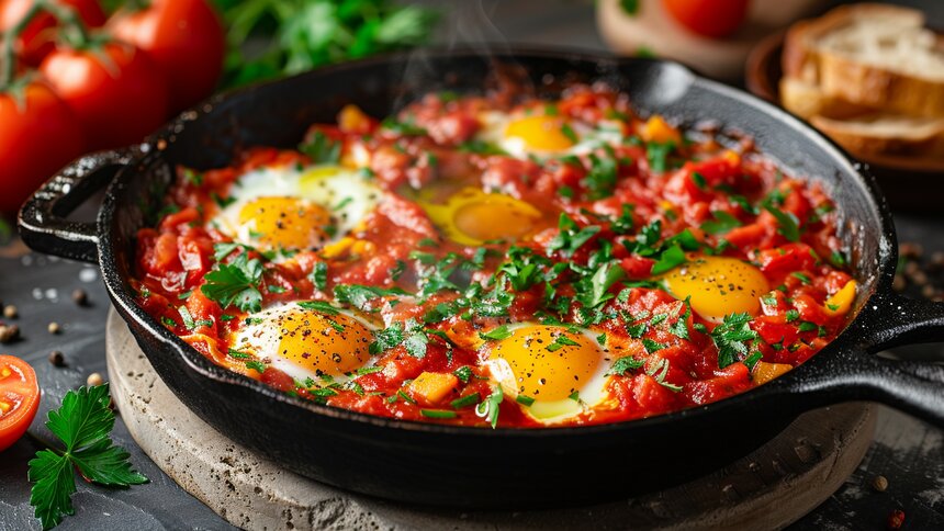 Роскошный и сытный завтрак всего за 15 минут: как вкусно приготовить шакшуку по классическому рецепту  - Новости Калининграда | Иллюстрация: Алиса Игонина / «Клопс»