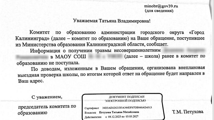 «Сдохнет — не наша проблема»: калининградка подала в суд на школу после травмы сына и обвинила директора в хамстве - Новости Калининграда | Ответ на одну из жалоб 