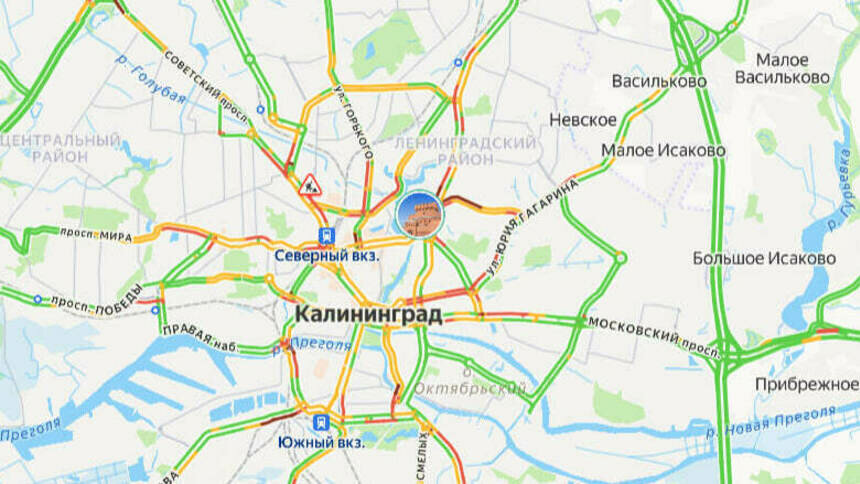 Центр красный: карта пробок в Калининграде на утро среды - Новости Калининграда | Скриншот сервиса «Яндекс. Карты»