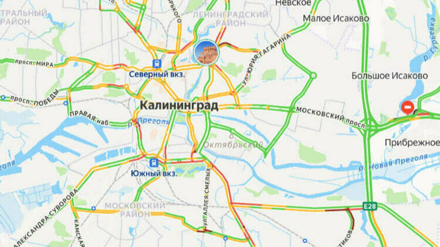 В центре проехать трудно: карта пробок в Калининграде на утро пятницы - Новости Калининграда | Скриншот сервиса «Яндекс. Карты»