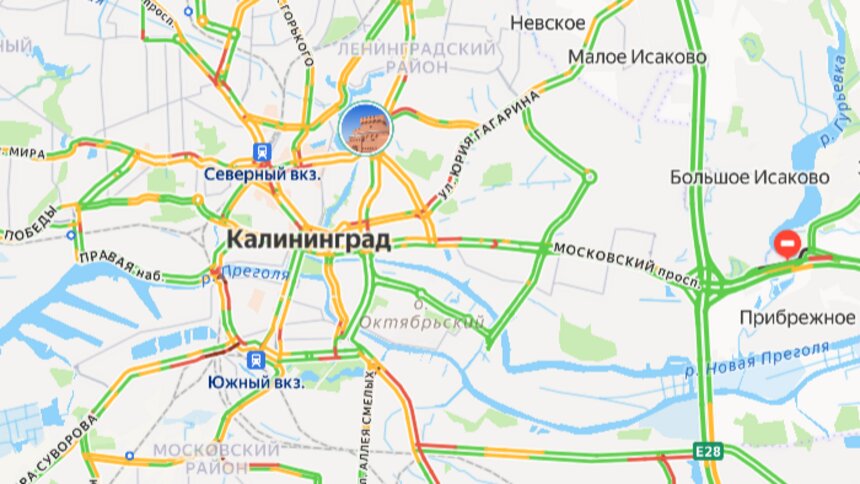 В центре придётся немного постоять: карта пробок в Калининграде на утро среды - Новости Калининграда | Скриншот сервиса «Яндекс. Карты»