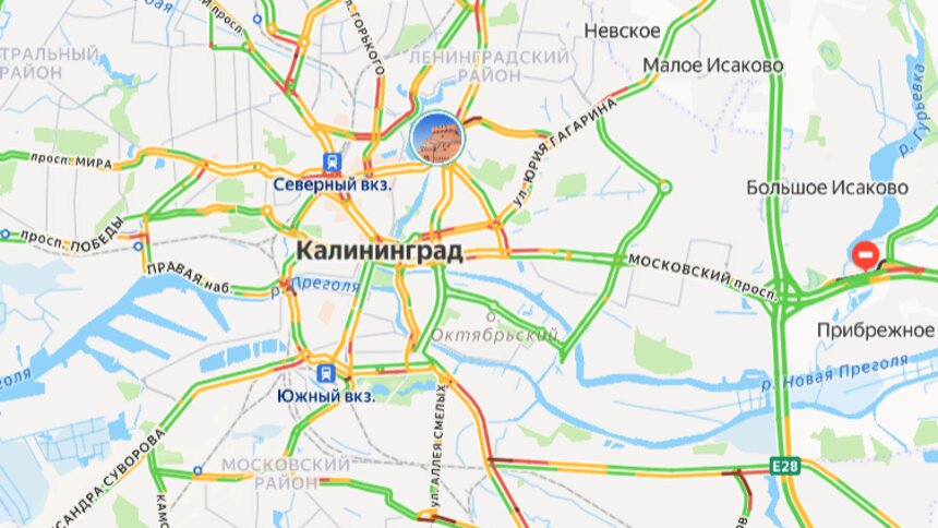В центре проехать сложнее: карта пробок в Калининграде на утро понедельника - Новости Калининграда | Скриншот сервиса «Яндекс. Карты»