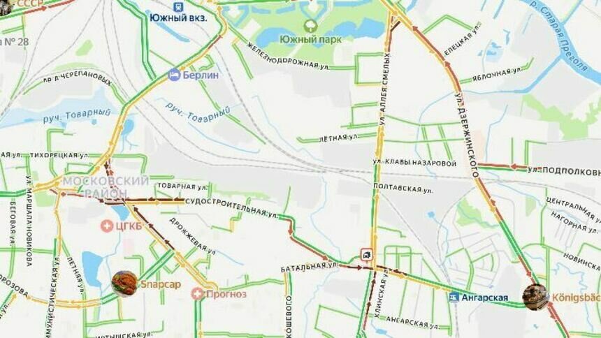 Полуторакилометровые пробки во вторник утром: из-за аварий затруднён выезд на трёх магистралях Московского района - Новости Калининграда | Фото: скриншот сервиса «Яндекс»