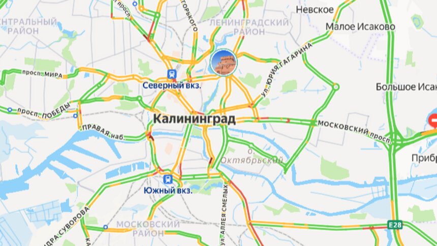 В центре небольшие заторы: карта пробок в Калининграде на утро среды - Новости Калининграда | Скриншот сервиса «Яндекс. Карты»
